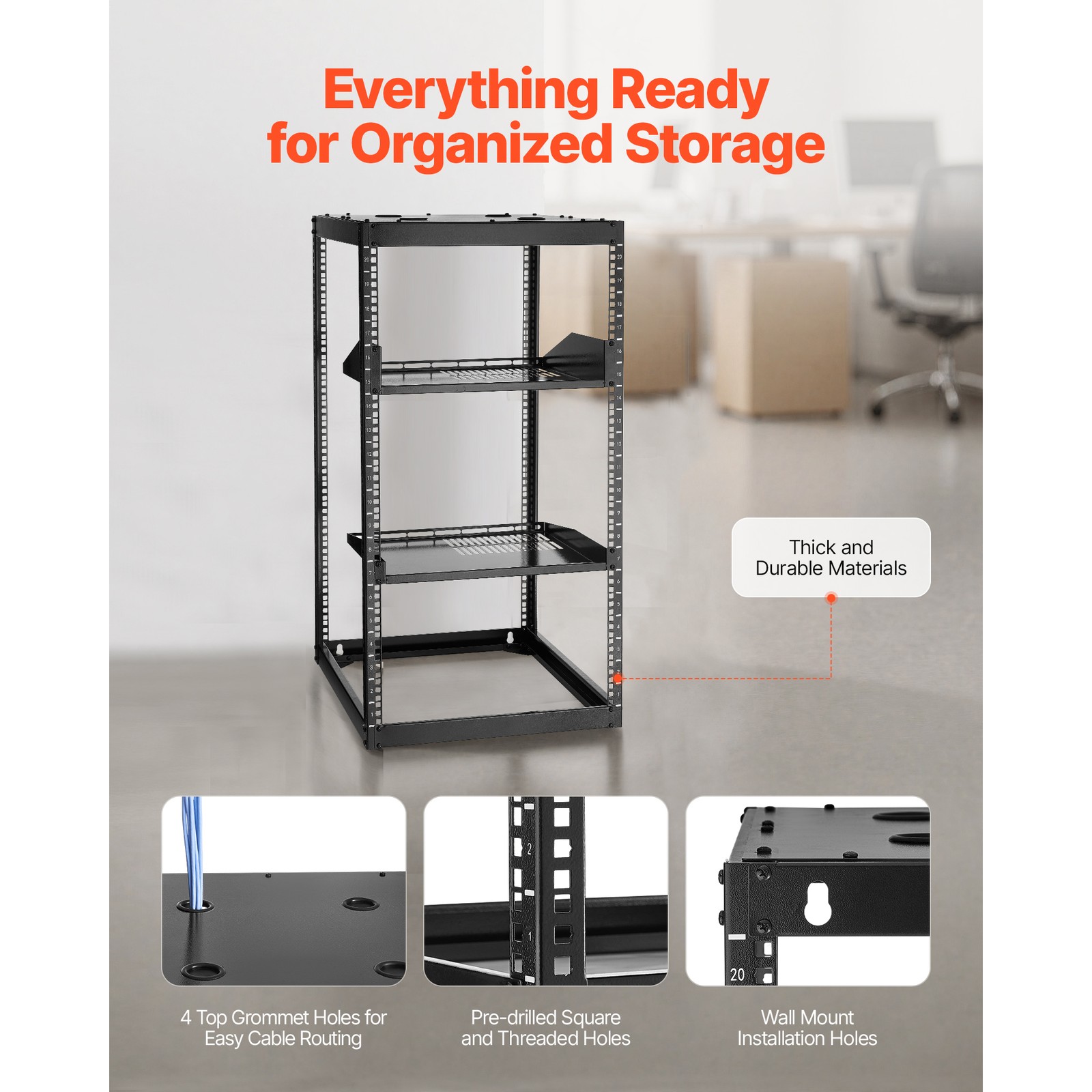 Uimoso 20U Open Frame Wall-Mount Server Rack with 4 Posts and Shelves