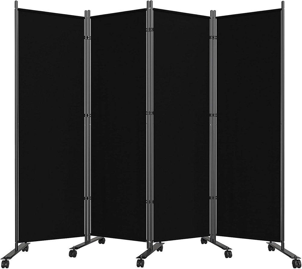 6FT Folding Room Divider with Lockable Wheels - 4 Panel Privacy Screen Black