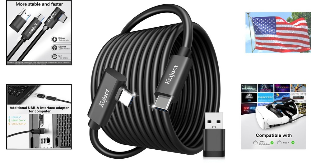 Durable 16FT USB 3.0 Type-C Cable for Oculus Quest/Pico 4 - Fast Data & Charging