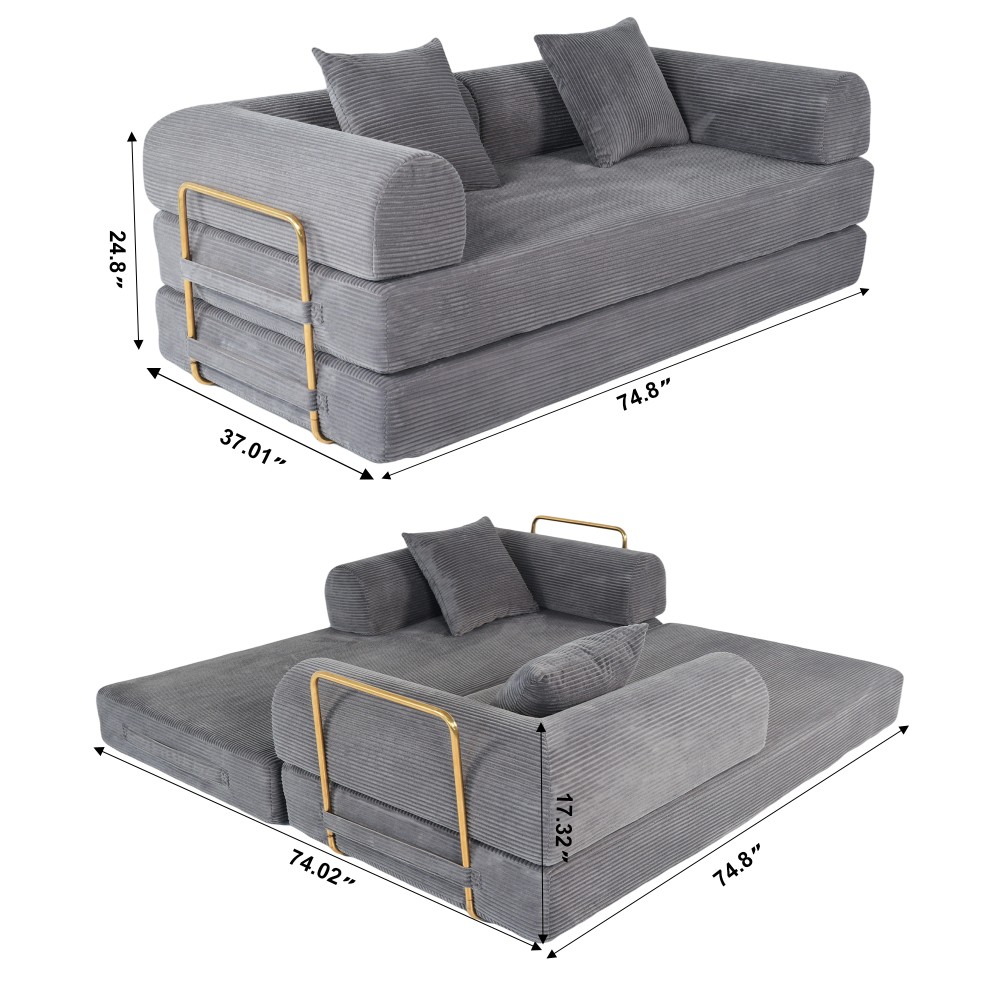 2-in-1 Foldable Convertible Sofa Bed, 75" Sleeper w/ Memory Foam, Grey