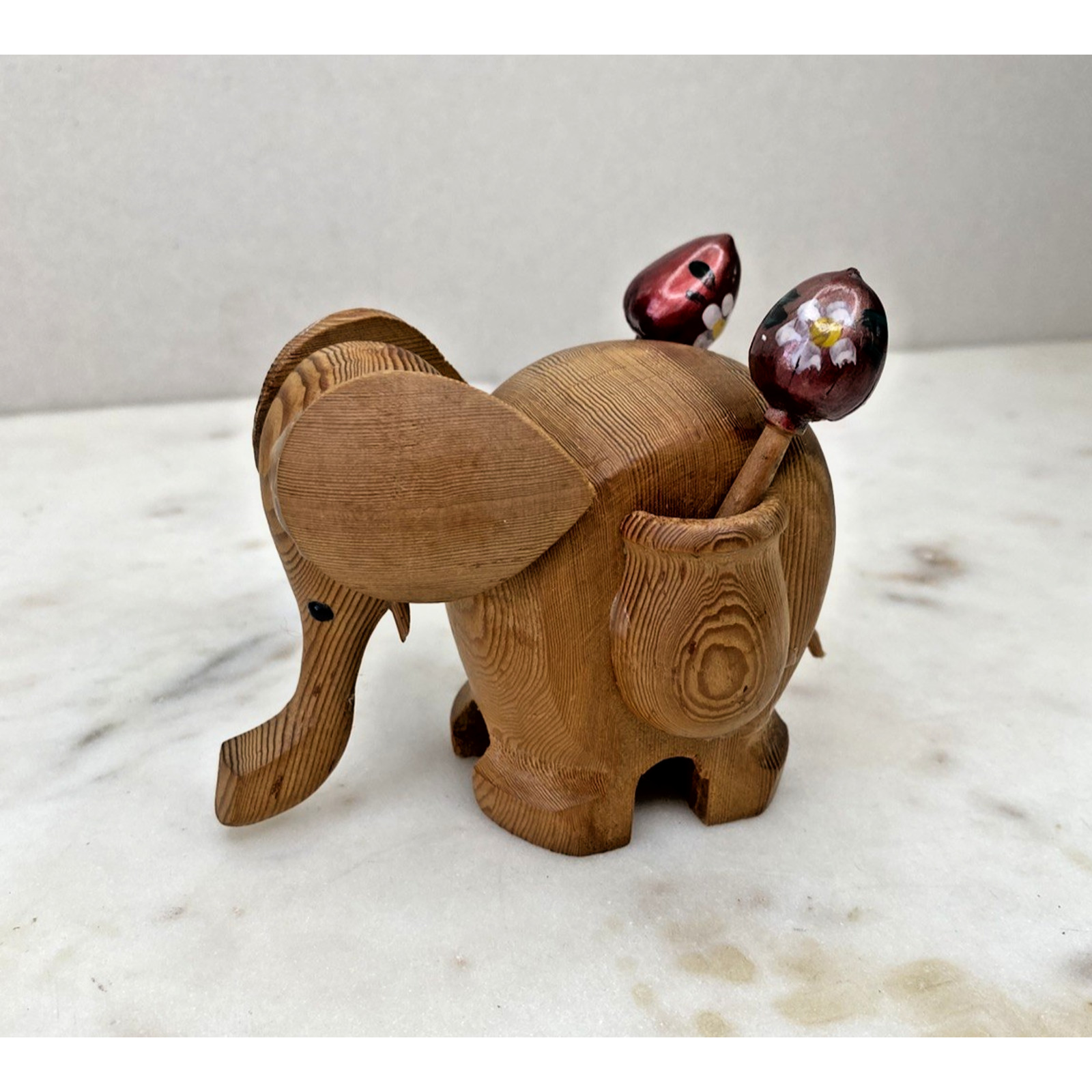 Hand Carved Wood Elephant Toothpick Holder Figurine Handpainted Maracas Trinket