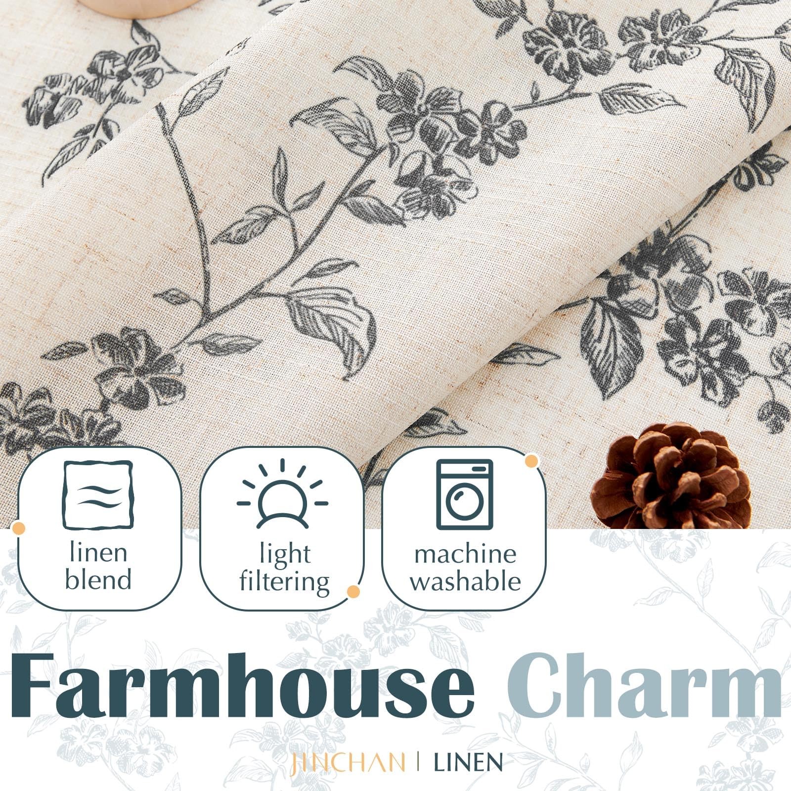 jinchan Floral Kitchen Curtains 26"W x 36"L (Pack of 2), Alisa Black on Linen