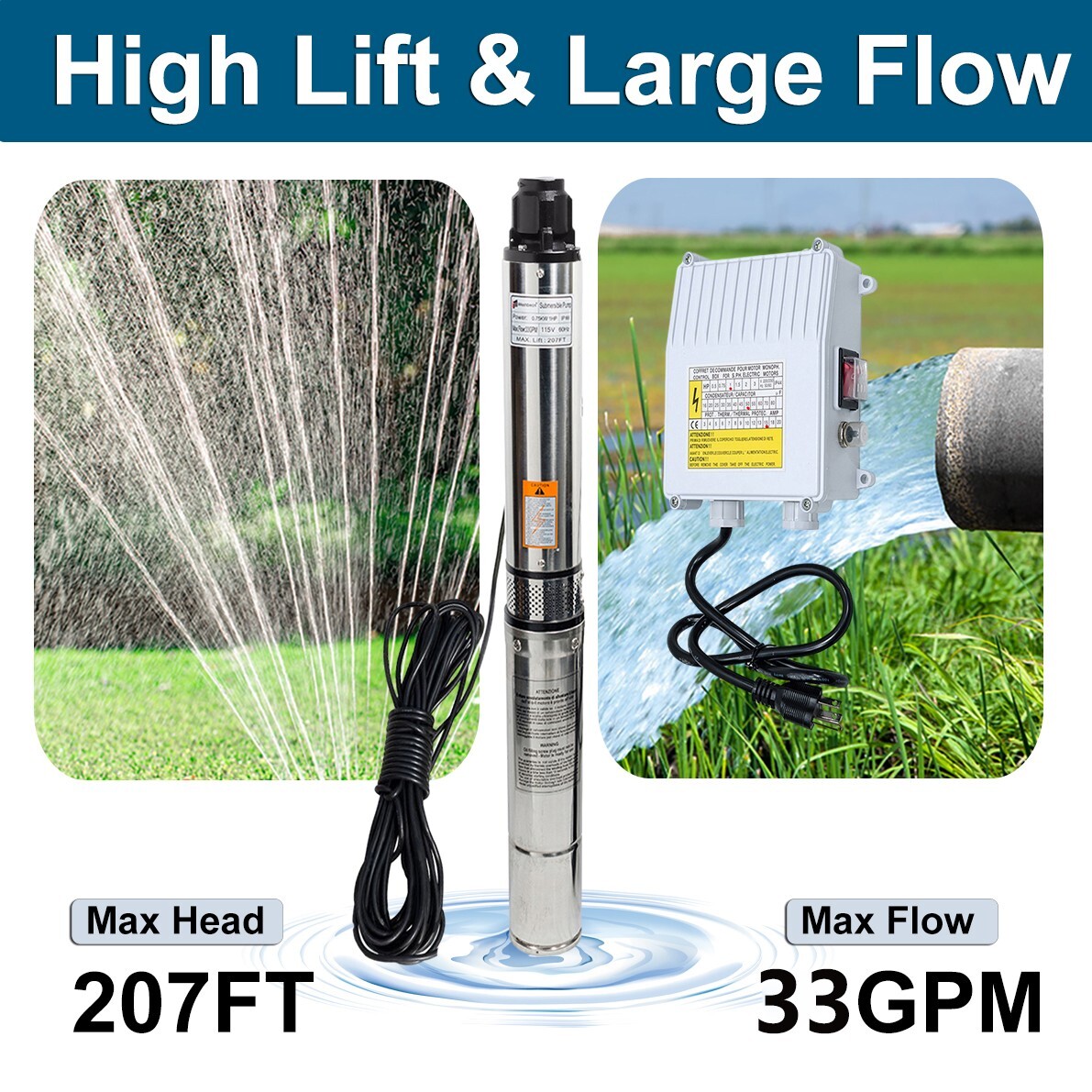4''Deep Well Submersible Pump 1HP 207' 33GPM 110V Stainless Steel w/ Control Box