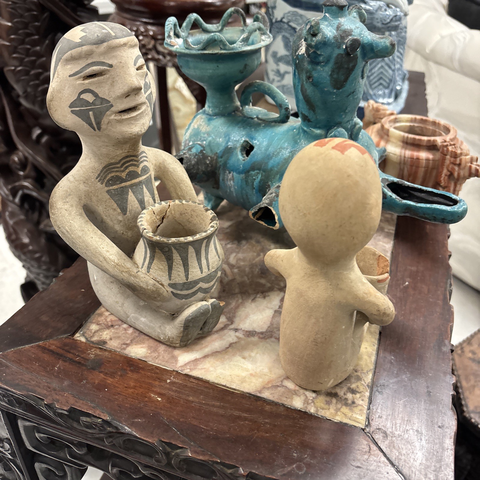 Late 1800s - Very Early 1900s Tesuque Pueblo Pottery Rain God 2 Pieces