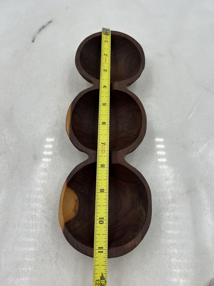 Handmade Solid Wood 3 Section Serving Tray Snack Dish Bowl Rustic Decor 12" Long