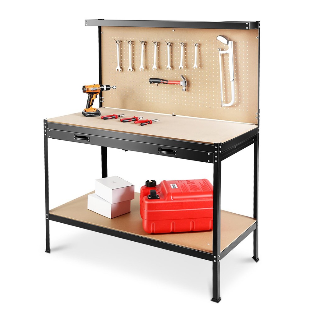 63" Durable Workbench 300lb Steel Frame MDF Top with Pegboard Storage