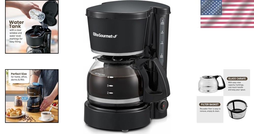 Compact 5-Cup Brew & Drip Coffee Maker with Reusable Filter and Water Indicator