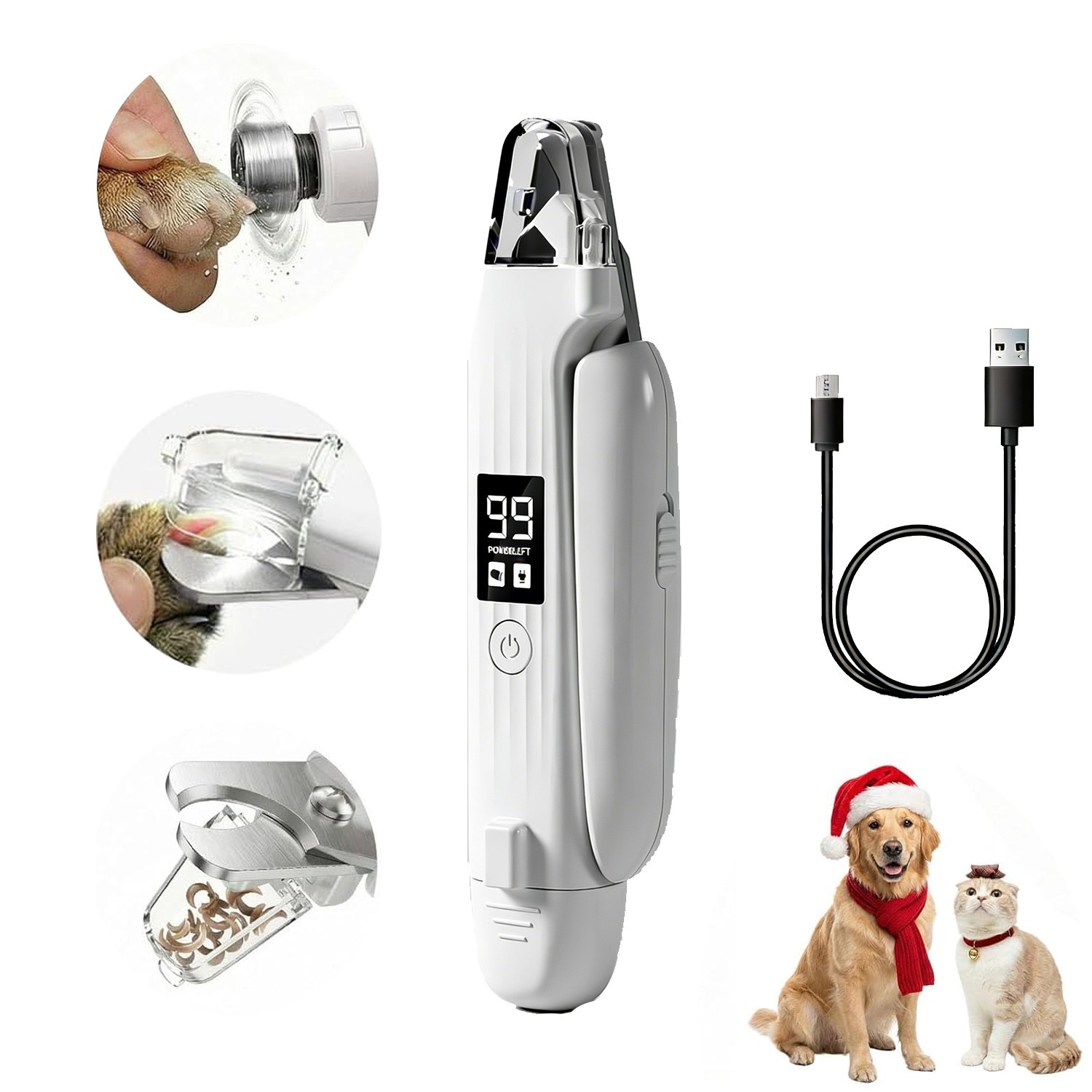 2-in-1 Dog Cat Nail Clippers Grinder with Light, USB Trimmers for L/M/S Pet Claw
