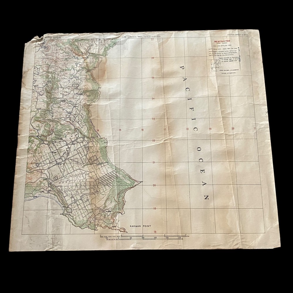 RARE! WWII 1944 Saipan 2nd Marine Division "RESTRICTED" Operation Forger Map