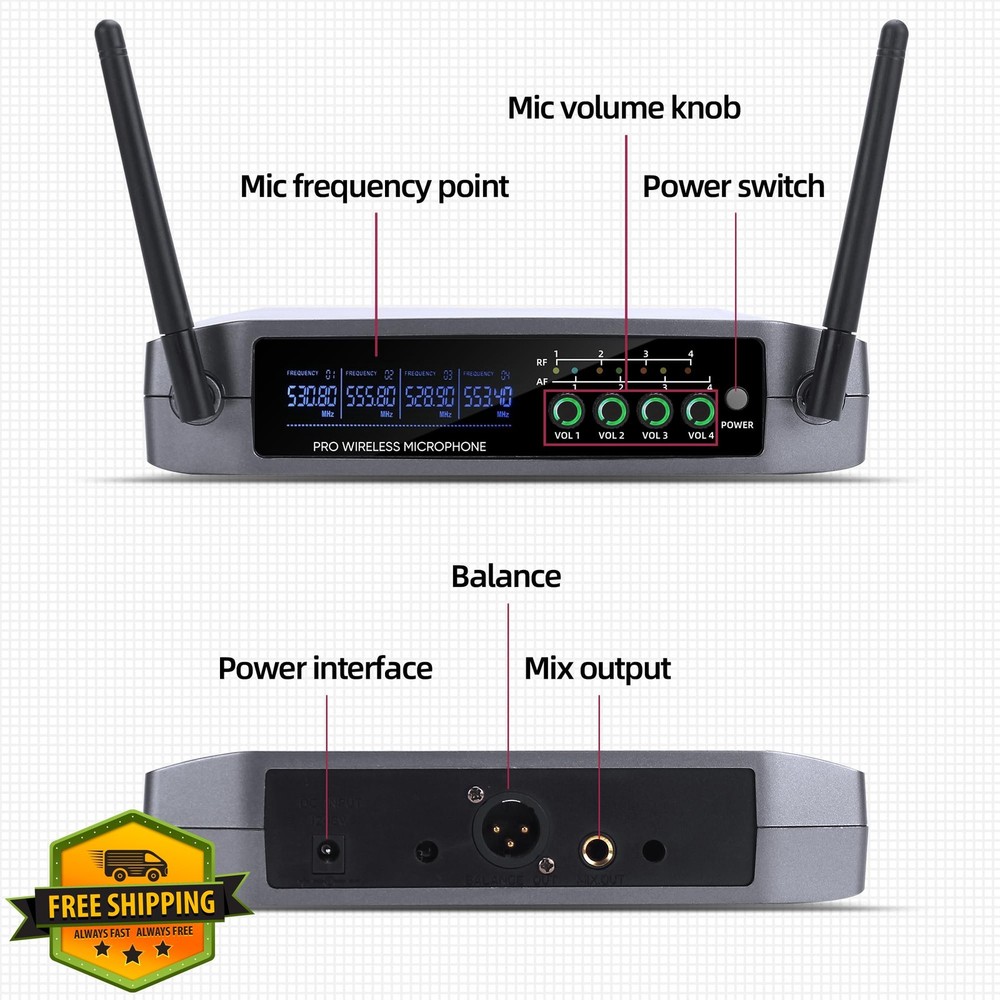 FULODE UR-408 4 Channel Wireless Mic System 4 Lavalier 4 Headset