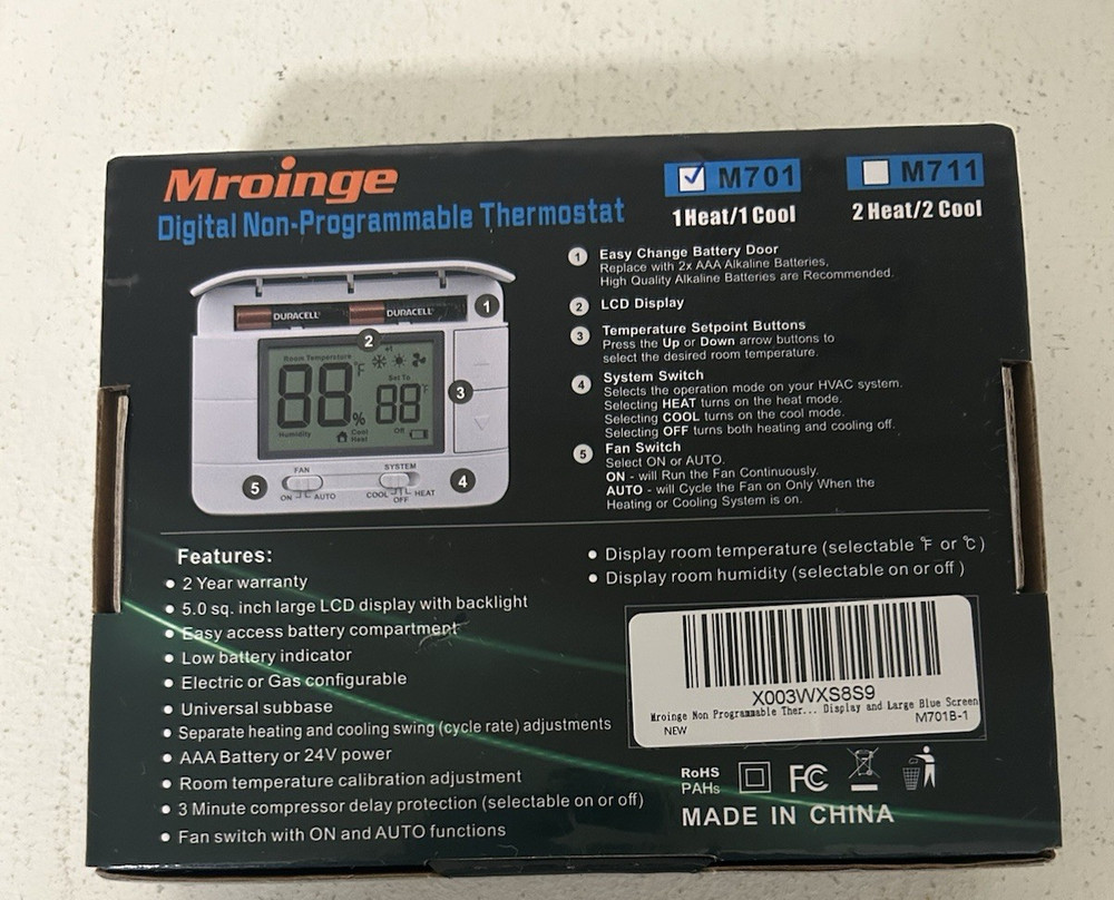 Mroinge M711 digital Non-Programmable Thermostat 2 Heat/2 Cool NEW