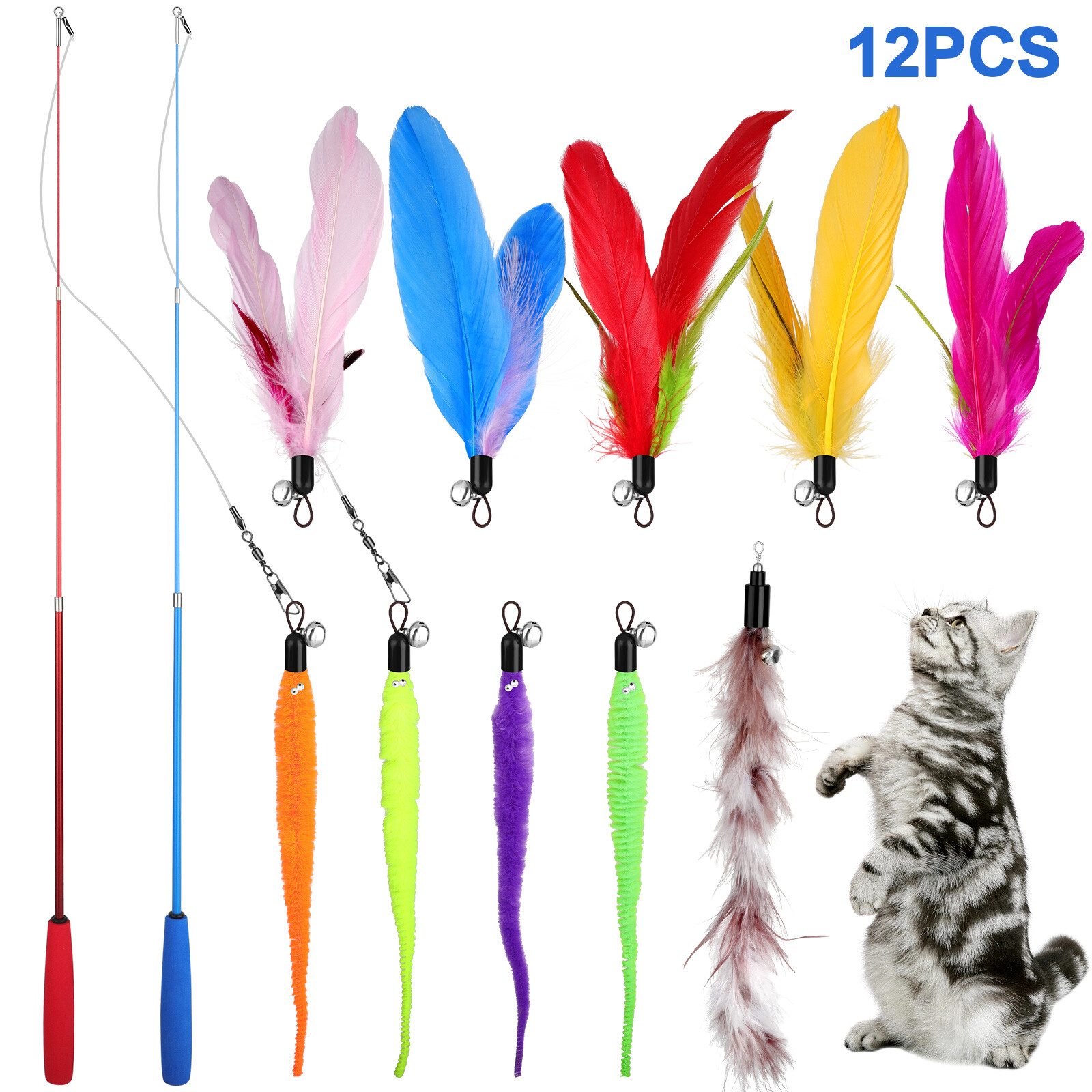 12Pcs Retractable Cat Interactive Toy Feather Kitten Teaser Indoor Play Toy Gift