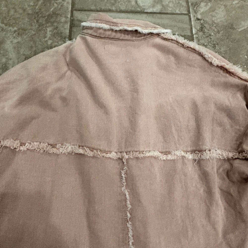 POL Pink Distressed Denim Shacket Studded Raw Hem Oversized Jacket Small