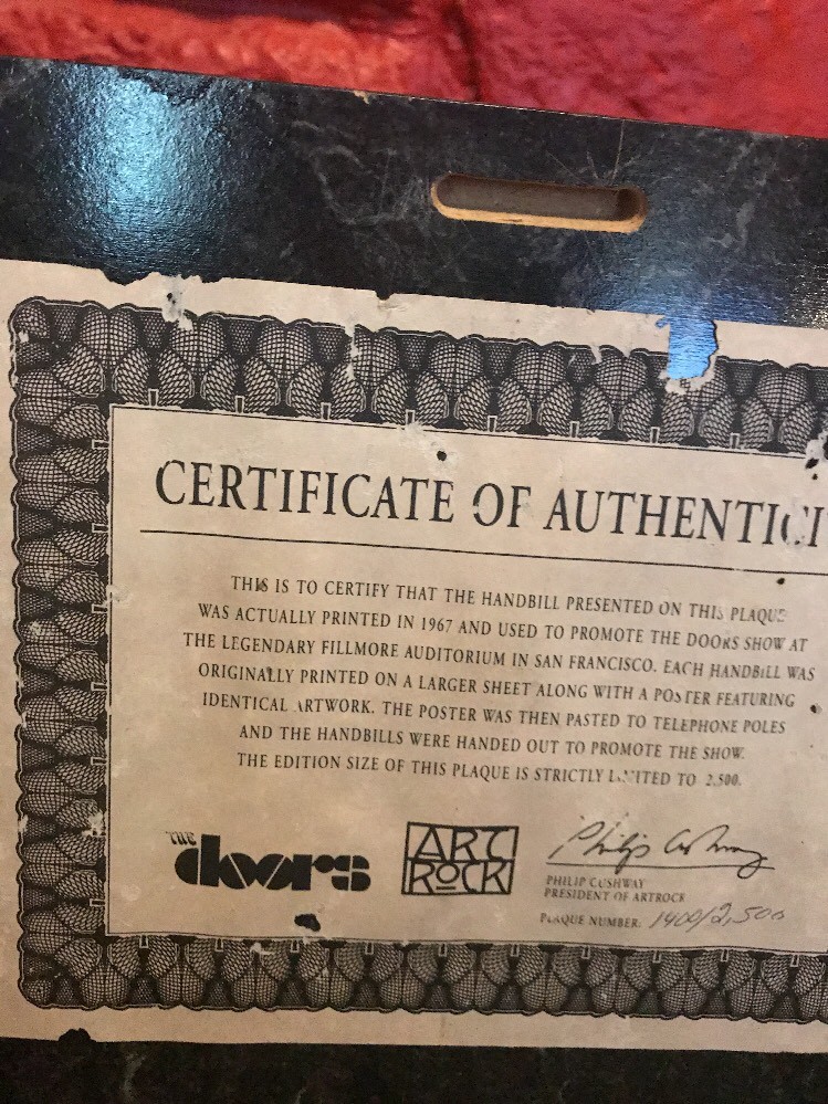 The Doors Procol Harum Original 1967 Concert Handbill on plaque B7