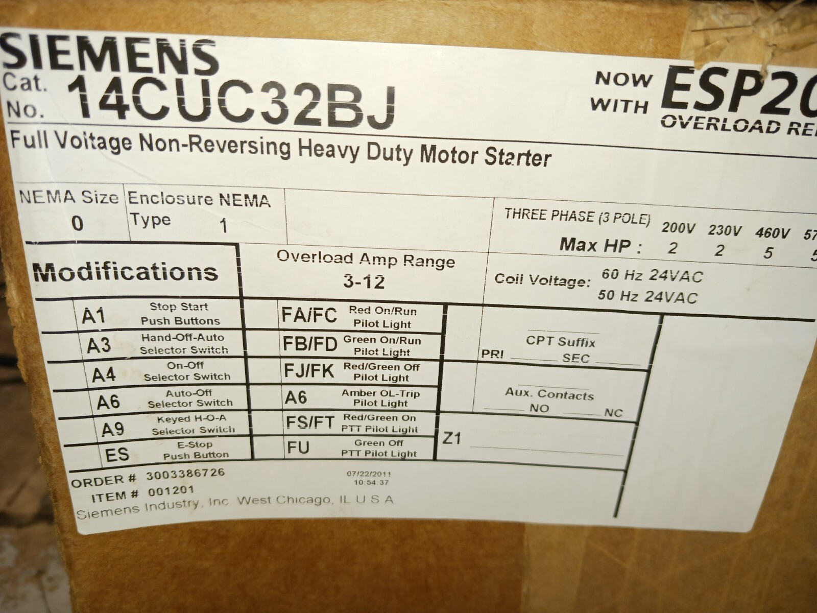 NEW SIEMENS SIZE 0 ENCLOSED MOTOR STARTER COIL 24 VAC 14CU+32* 14CUC32BJ