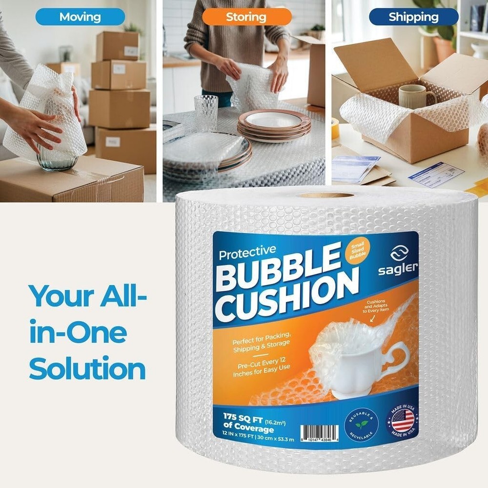 Bubble Cushion Wrap - 12" x 175 ft, Perforated, Small Bubbles, Eco-Friendly