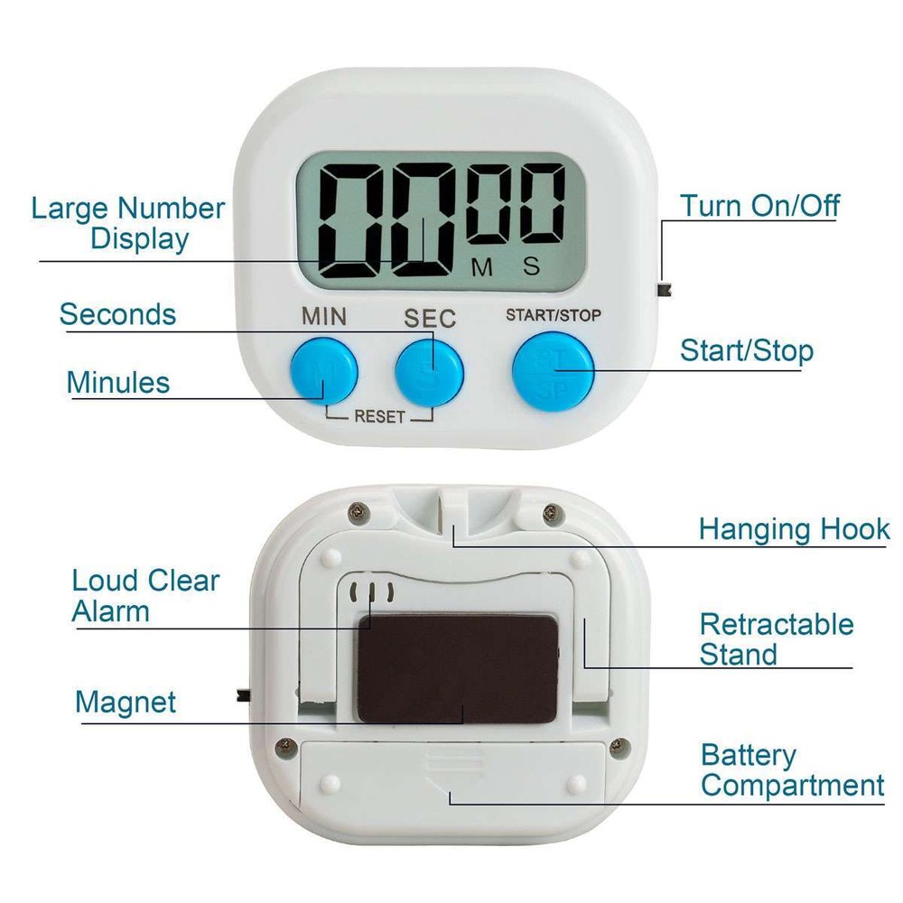 2Pc Large LCD Digital Kitchen Cook Timer Count Down Up Clock Loud Alarm Magnetic