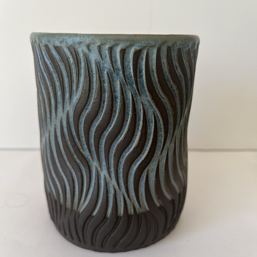 Handcrafted ceramic piece, thumb cup, planter, or small vase with leaf pattern