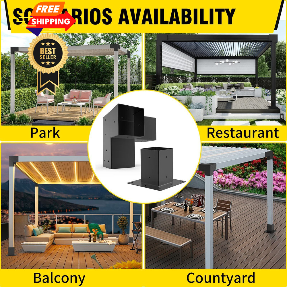 Pergola Brackets 4x4inch 3-Way Corner (Brackets & Base), Black