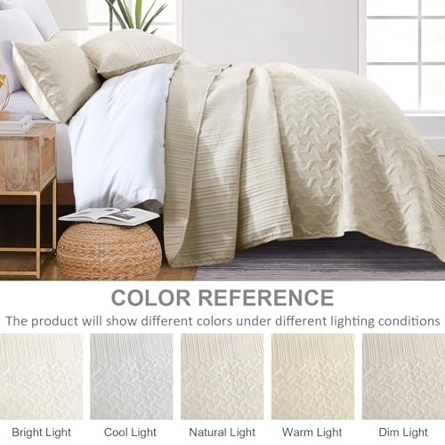 Beige Quilt Set King Size Lightweight Bedspread Ultrasonic Wave Pattern Soft