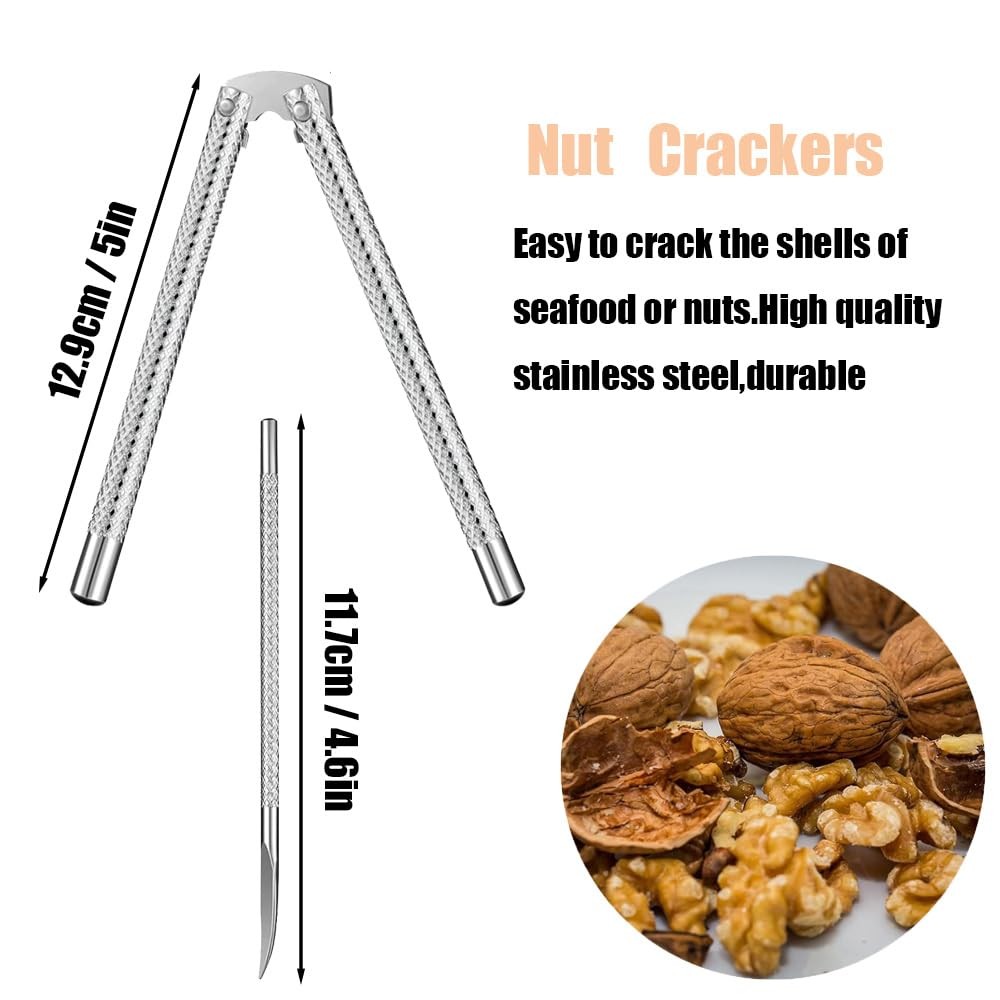 Nut Cracker Tool Set 2Pcs 4 Picks Walnut Silvery Seafood Crackers Stainless
