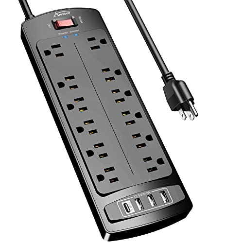 ALESTOR SURGE PROTECTOR WITH 12 OUTLETS AND 4 USB PORTS, 6 FT - BLACK