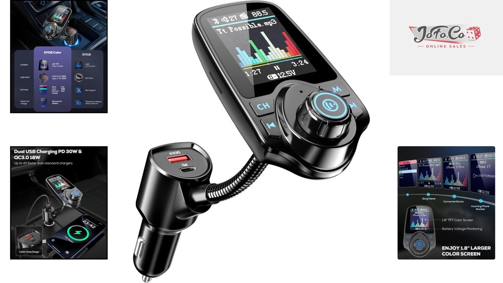 2026 KM18 Upgraded Bluetooth Car Adapter with 1.8" Color Screen & Fast Charging