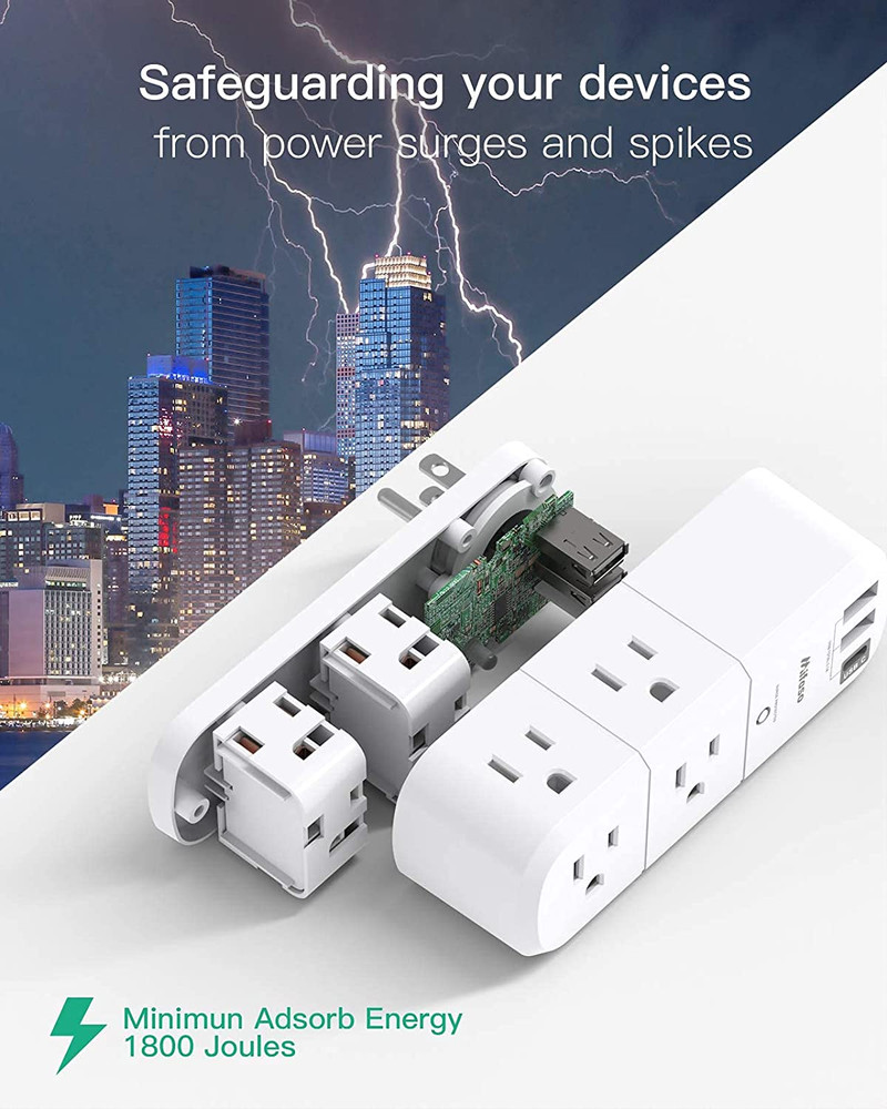USB Outlet Extender Surge Protector - with Rotating Plug, 6 AC Multi Plug and 3
