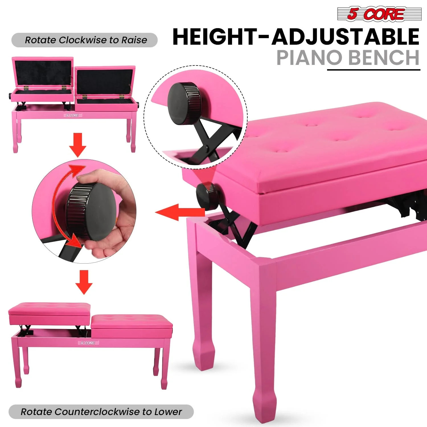 5 Core Duet Piano Bench 3.5 Inch Padded Cushioned Stool Wooden Musician Chair