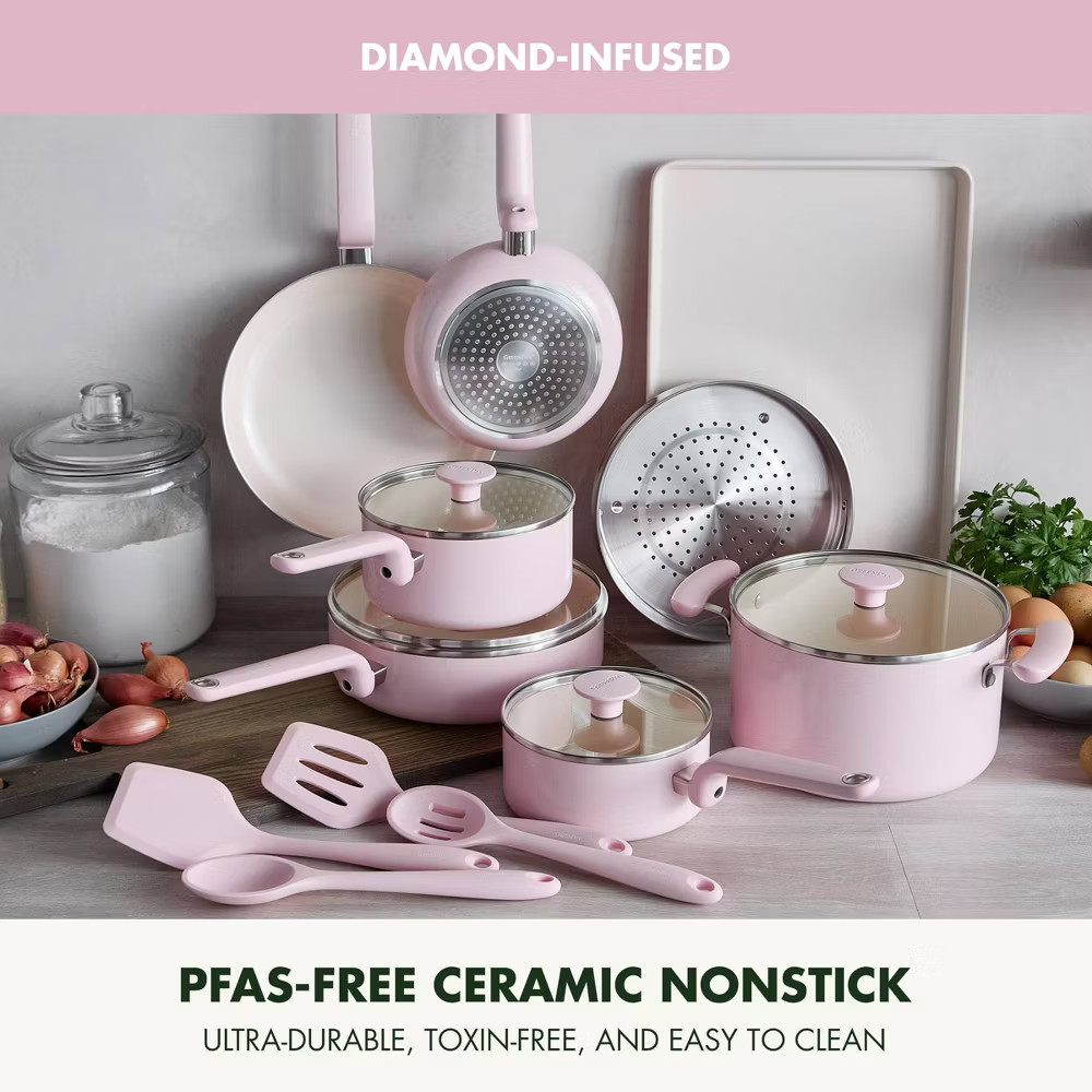 GreenPan Rio Advanced 10pc Ceramic Nonstick Cookware Set Pink