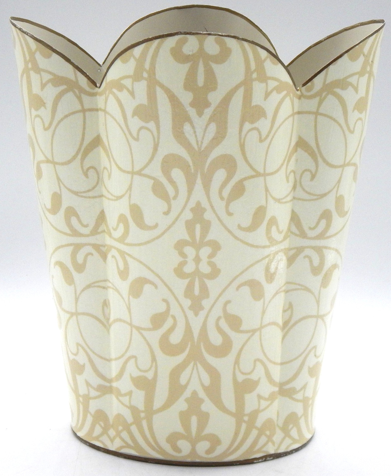 MARYE-KELLEY Decoupage Antique Gold Damask Scalloped 12"H Wastepaper Basket
