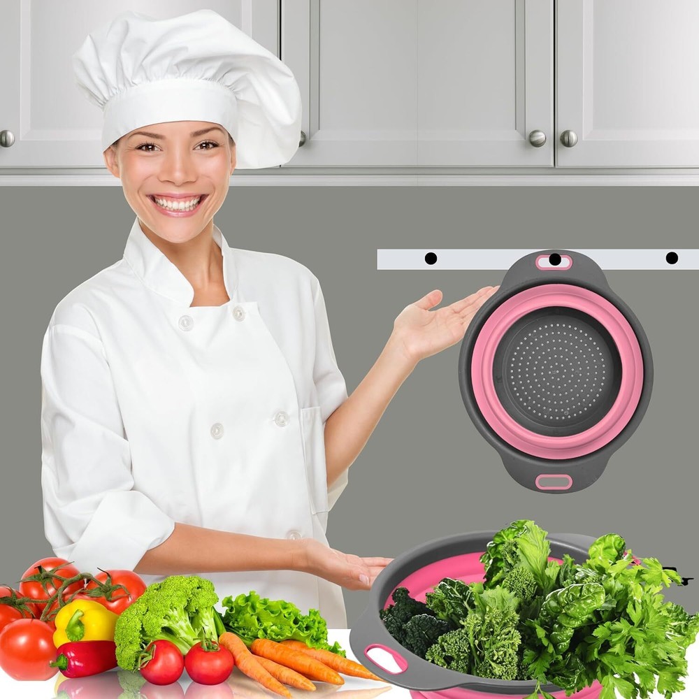 Pink Round Silicone Collapsible Colander – Small Silicone Round Kitchen Strai...