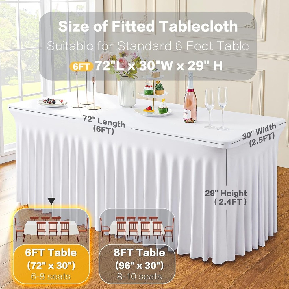 White Spandex Tablecloth 6 Foot Rectangle Tables 3Pack Stretch Table Cloths 6ft