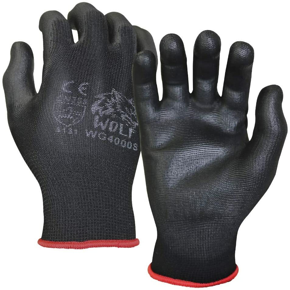 WOLF Ultra-Thin Black Work Gloves Polyurethane Palm Coated Nylon Shell 12 Pairs