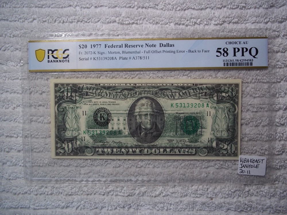 1977 $20 ERROR  -  Back to Face FULL OFFSET  PCGS 58 PPQ   LOOK Dallas