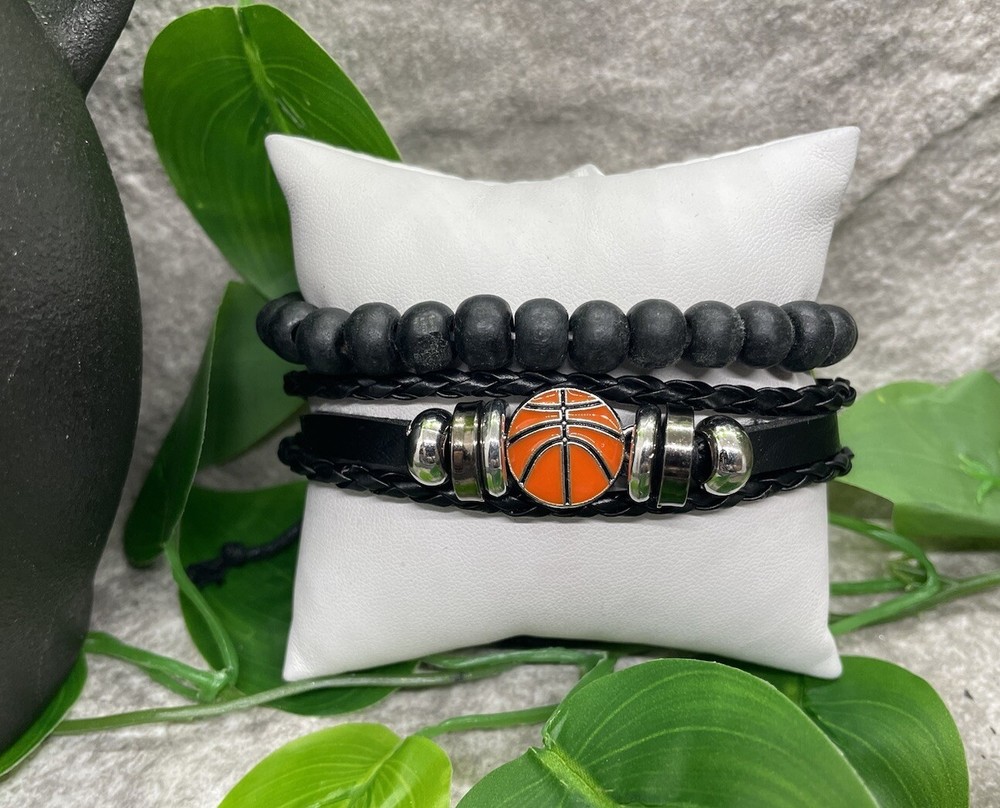 2 PC Basketball Leather Bracelet Stackable Adjustable Tie New B2816