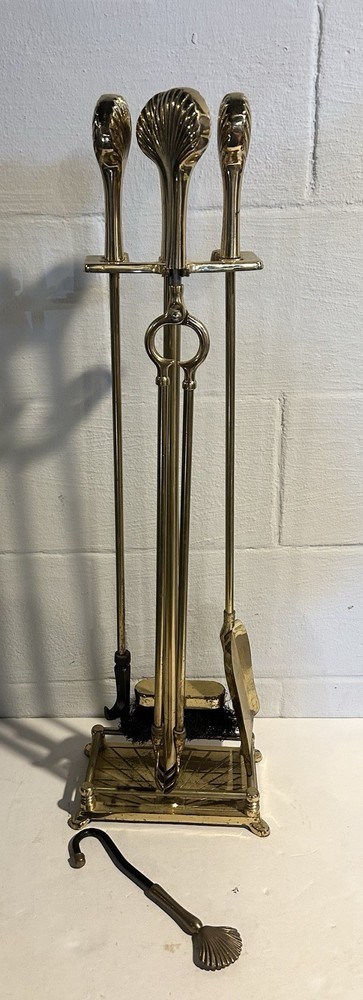 Vintage Brass Seashell Clam Shell Fireplace Tool 5 Pieces & Stand