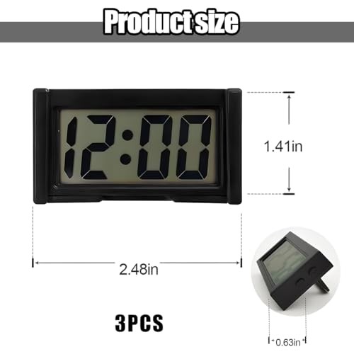 3PCS Mini Car Dashboard Digital Clocks, Small Self-Adhesive Bracket Black