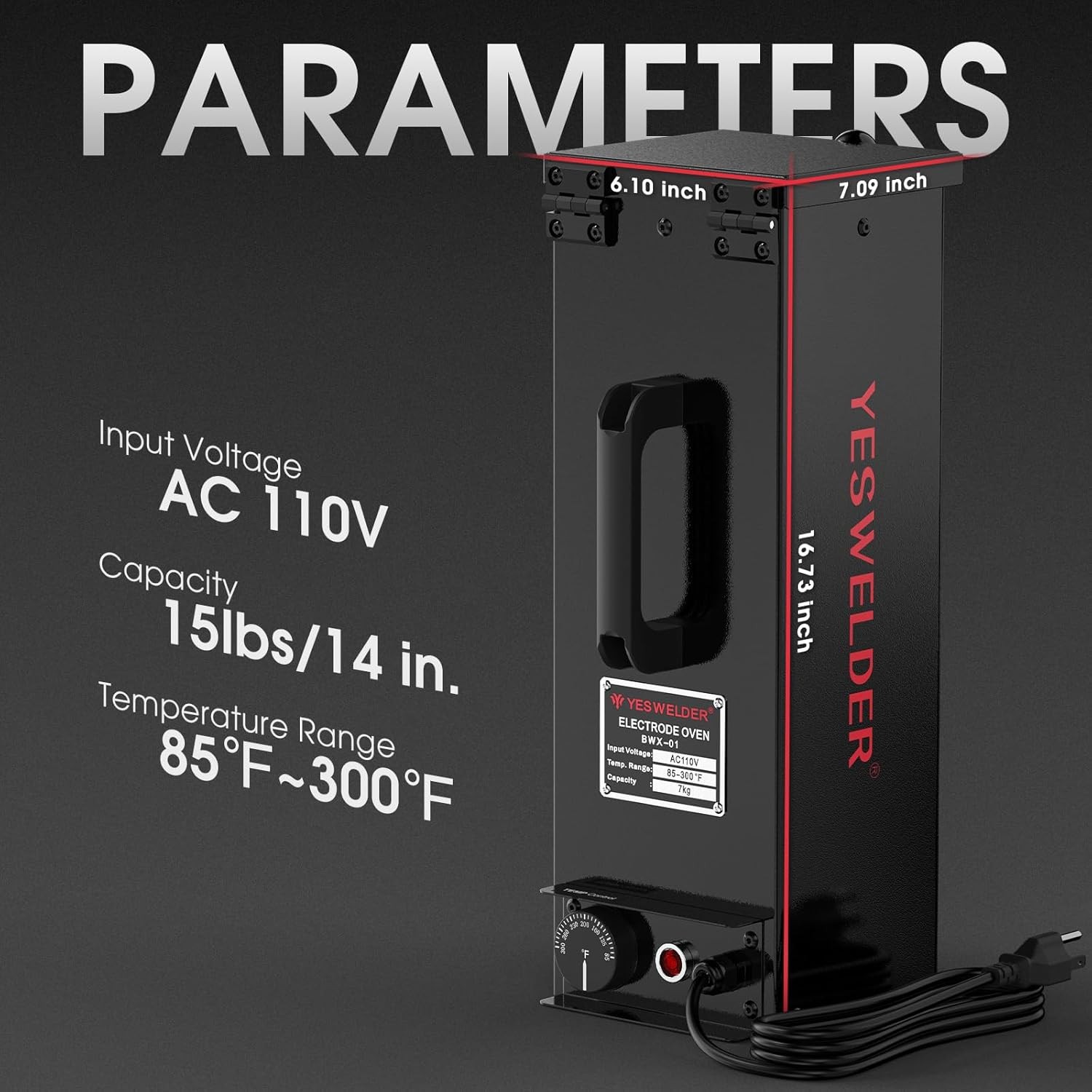 Portable Welding Rod Oven 110V, Temp Control 85-300°F Holds 14" Stick Electrodes