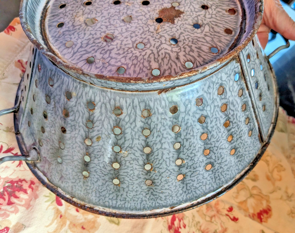 Antique Graniteware Colander Enamelware Strainer Rustic Primitive Farmhouse
