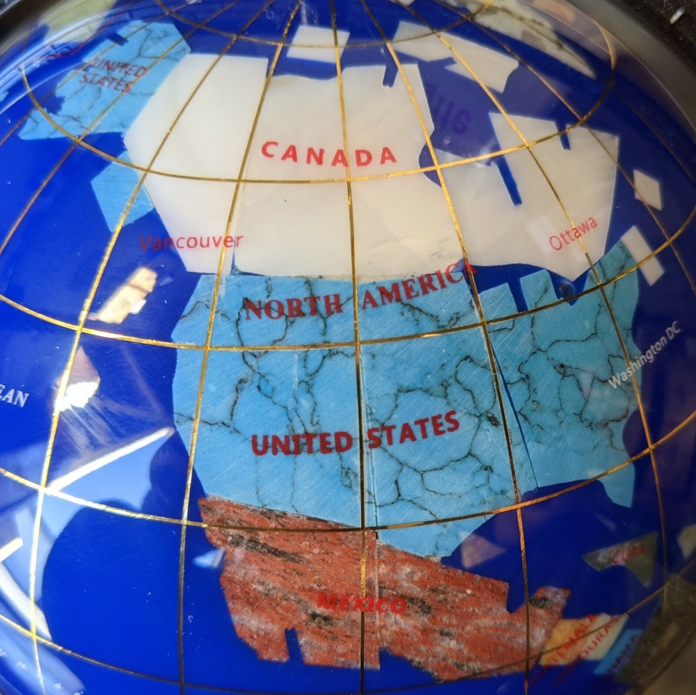 10" Tall Table Top Blue Lapis Ocean Gemstone World Globe with Silver Tripod Std