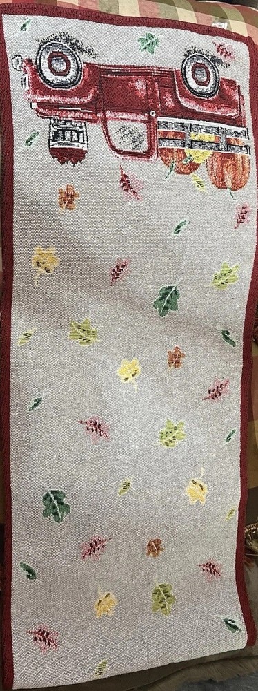 Table Runner Set with Fall Truck & Leaves Pattern, Tassels, Red Beige 68 x 12”