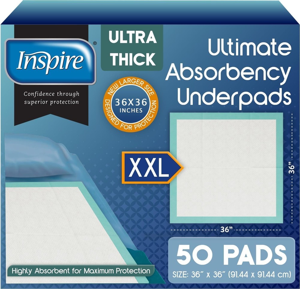 Inspire Ultimate Absorbency Disposable Underpads, 36"x 36", 50 Count