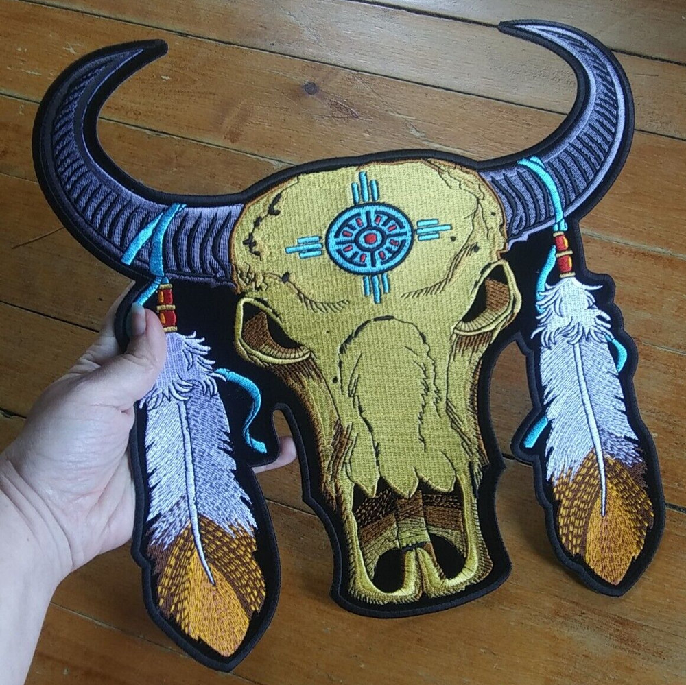 LARGE Embroidered Back Patch Bull Buffalo Skull with Feathers Biker Jacket PATCH
