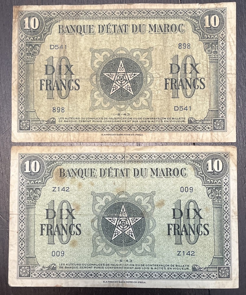 FRENCH MOROCCO 1943 10 Francs 2 Banknotes