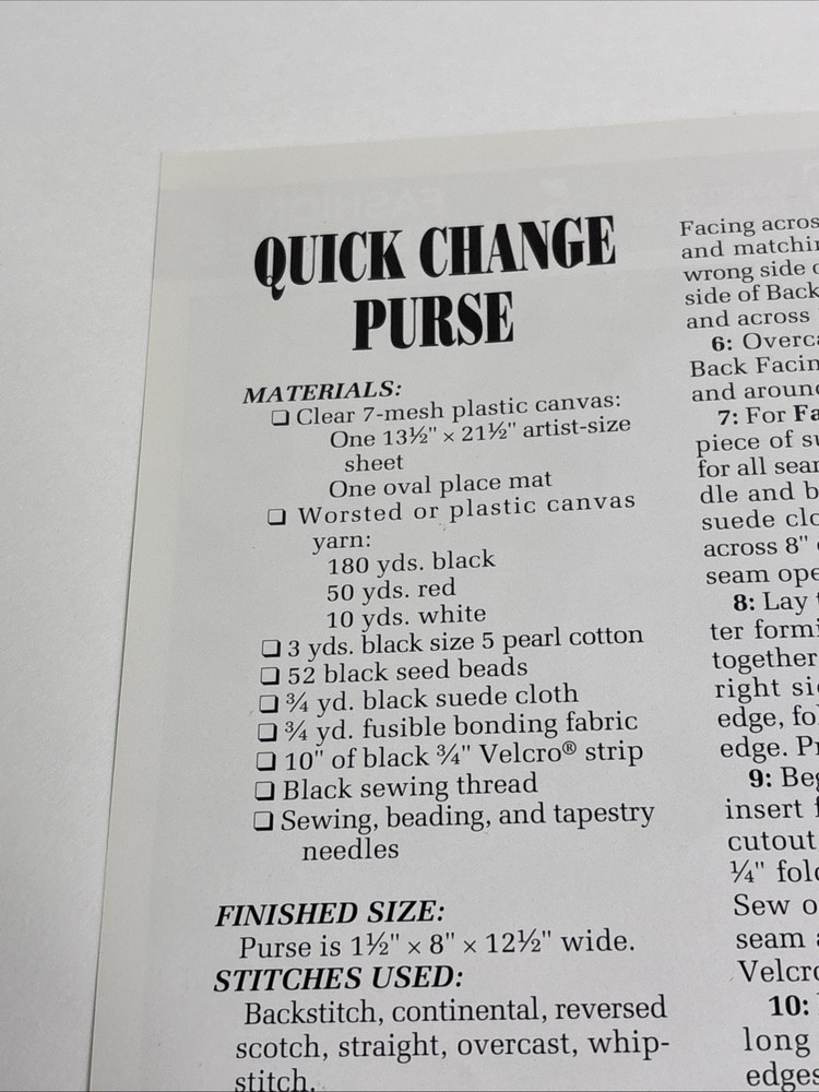 Quick Change Purse Annie's Attic Plastic Canvas Pattern Page