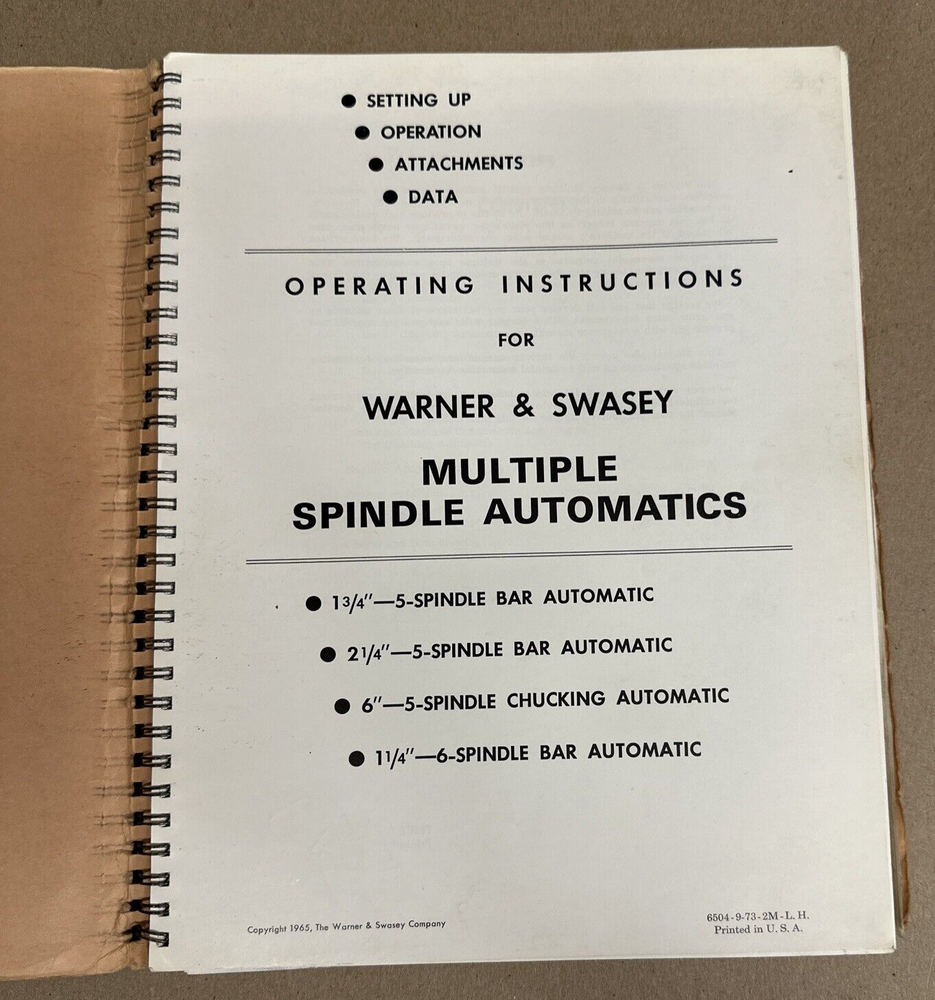 Warner Swasey Multiple Spindle Automatics Operating Instructions Manual