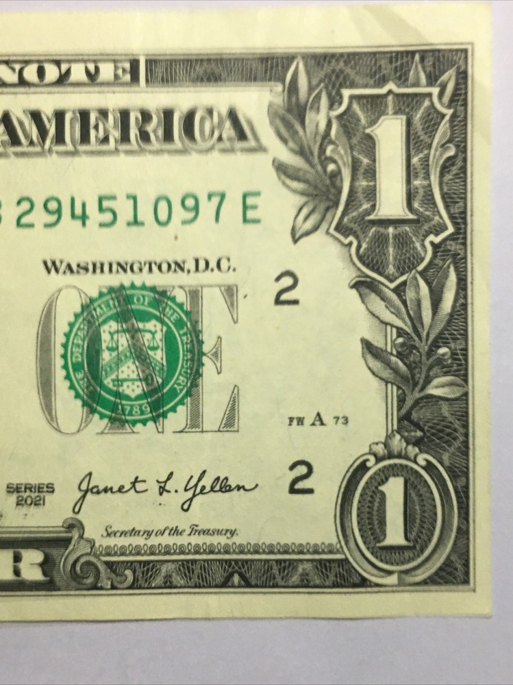 2021 Error $1 Bill Offset Mis-Print Obverse & Reverse