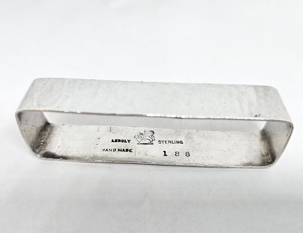 ANTIQUE LEBOLT LARGE HAND HAMMERED STERLING SILVER RECTANGULAR NAPKIN RING,D