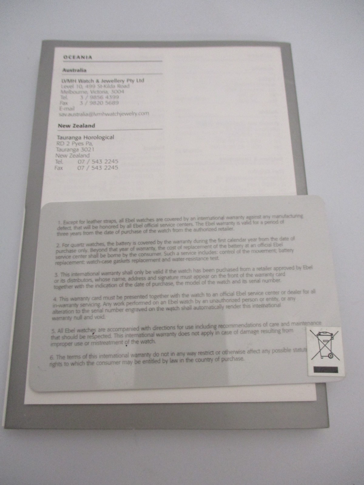 EBEL Quartz Watch Instructions & Warranty Book Service Directory and 3 Year Card